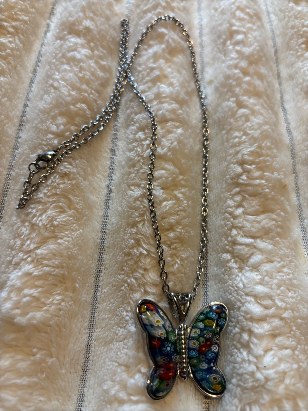 Silver Butterfly Millefiori Pendant Necklace - Blue Multicolor